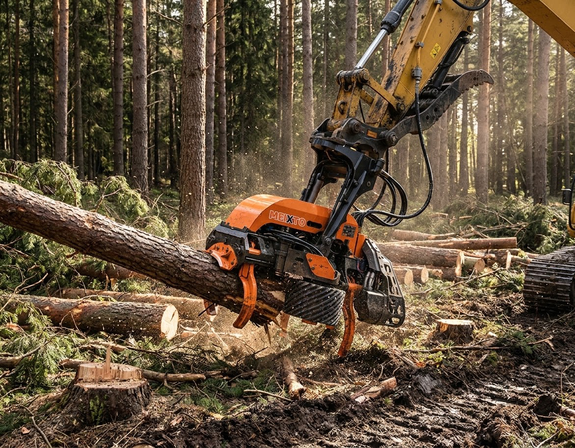 MEIXTO hydraulic forestry excavator attachments working in the forest - log grapple, grapple saw, tree shear