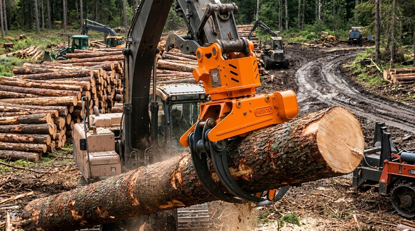 MEIXTO hydraulic forestry excavator attachments working in the forest - log grapple, grapple saw, tree shear